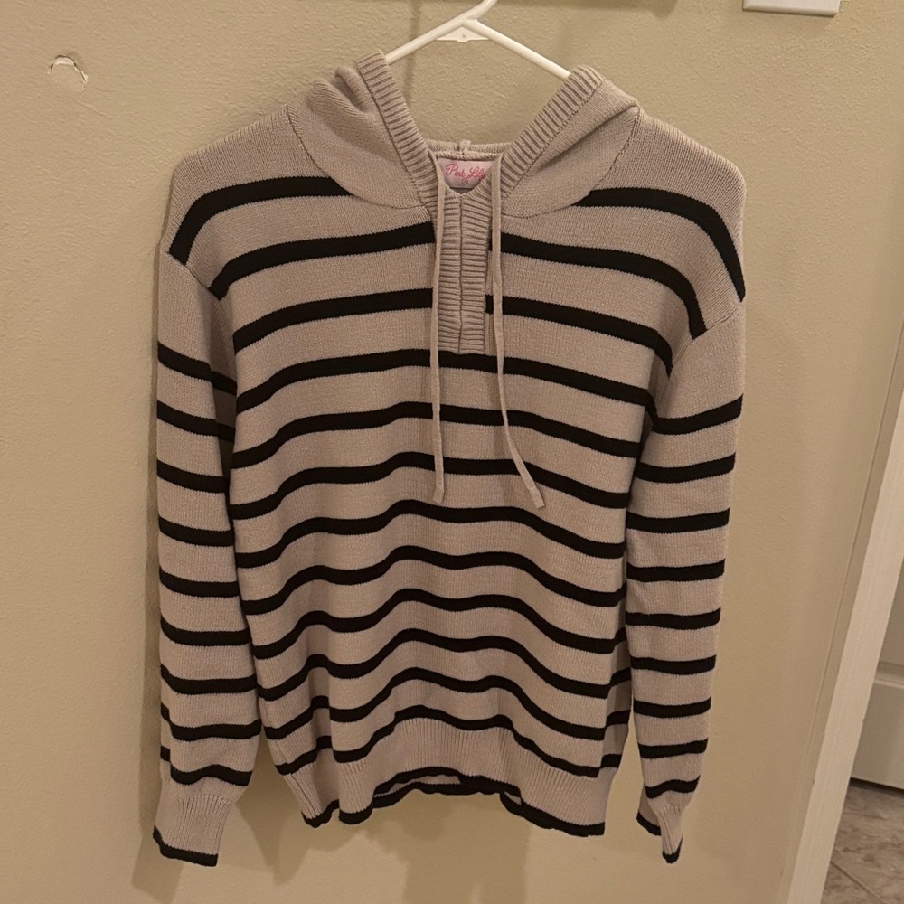 Pink lily Striped Tan and Black Womens pullover hoodie